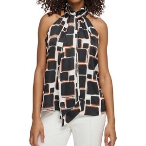 KARL LAGERFELD PARIS Womens Med Printed Tie-Neck Blouse Sleeveless Logo Resort